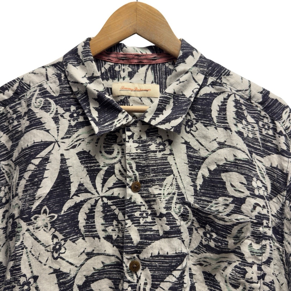 Tommy Baham'a Mens Sz XL Gray/Cream Linen Palm Trees Hawaiian Camp S/S Shirt euc